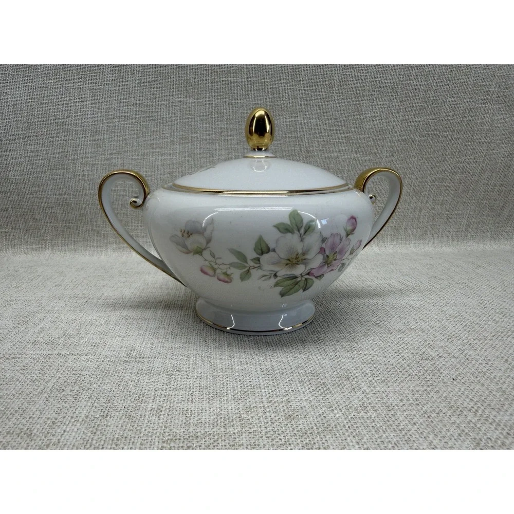 Tirschenreuth Bavaria Germany Floral Porcelain Sugar Bowl‎ w Lid Gold Trim